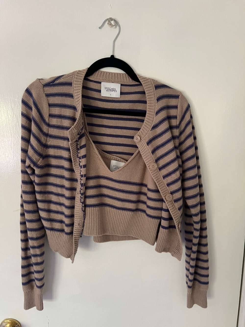 Striped Taupe & Navy Knit Cardigan Set